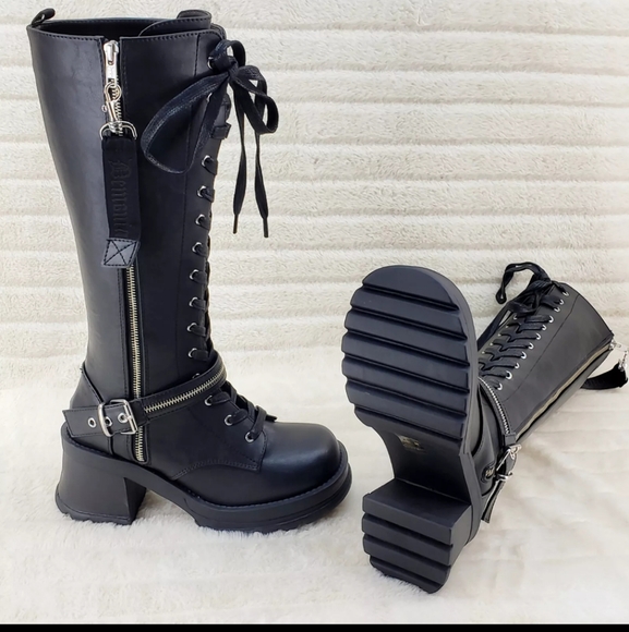 Bratty Block Heel Lace Up Punk Goth Biker Knee Boots - Picture 5 of 15